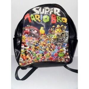Super‎ Mario Bros Backpack Kids Black Shiny Faux Leather All Over Print